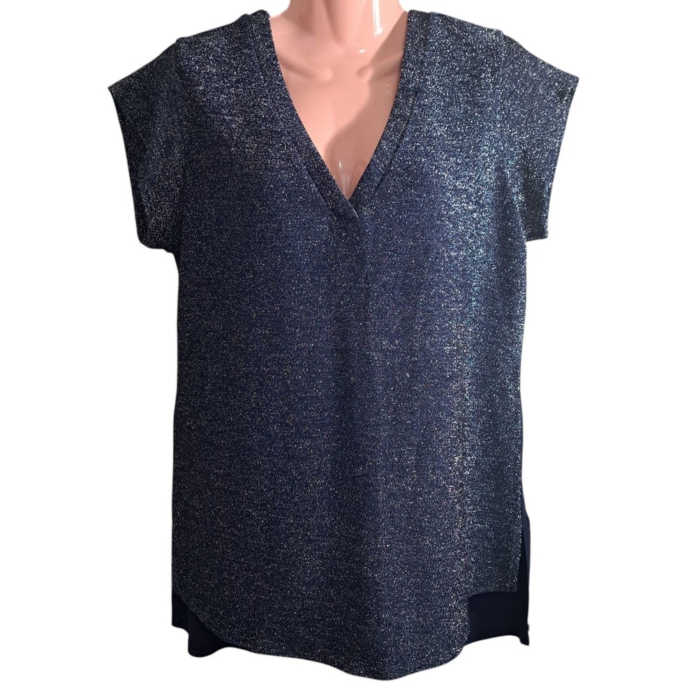 PerSeption Concept Women's Blouse/Tunic L Navy Blue Metallic Short Sleeve